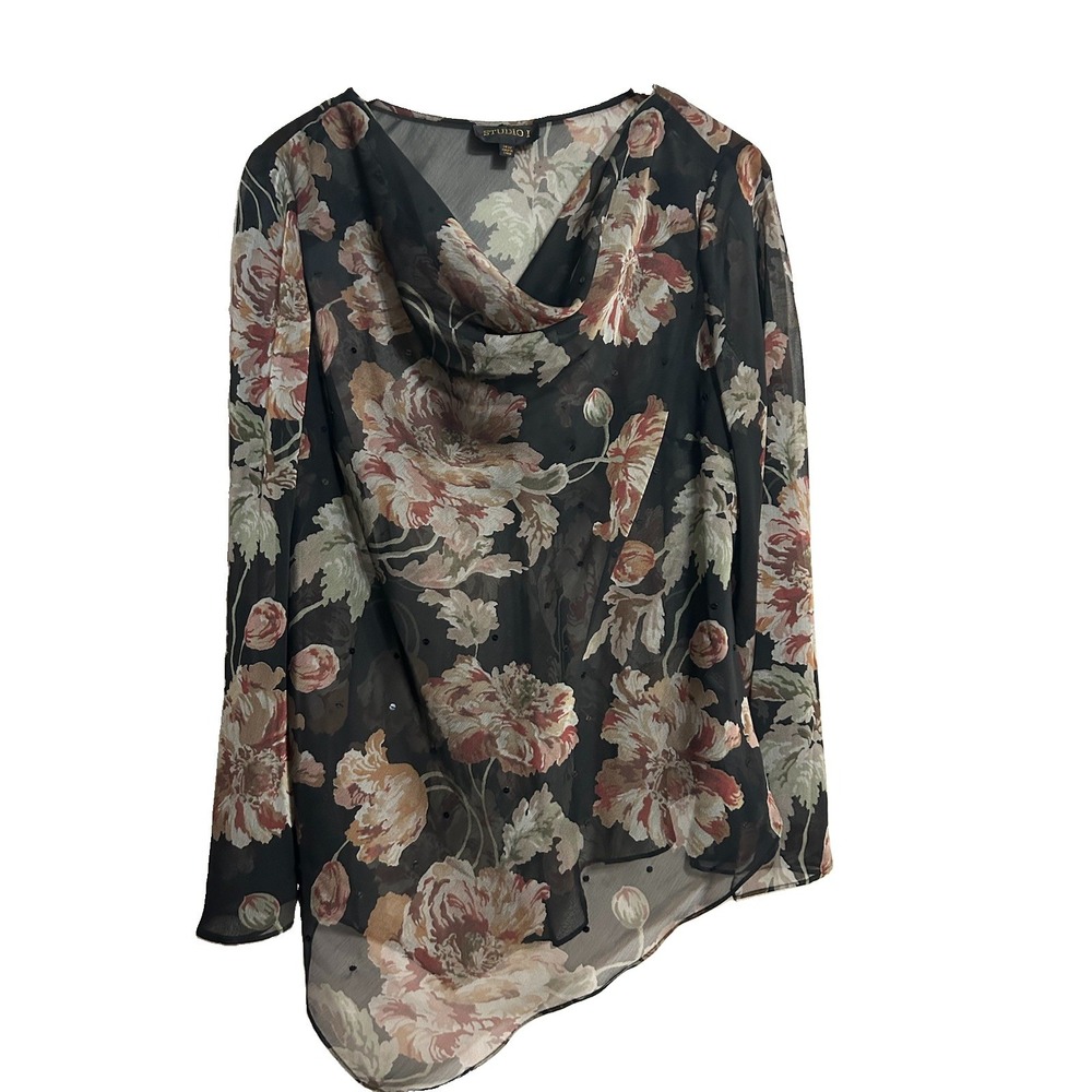 Sheer Floral Blouse Moody Cowl Neck Asymetricsl Hem Flare Sleeves Fairy